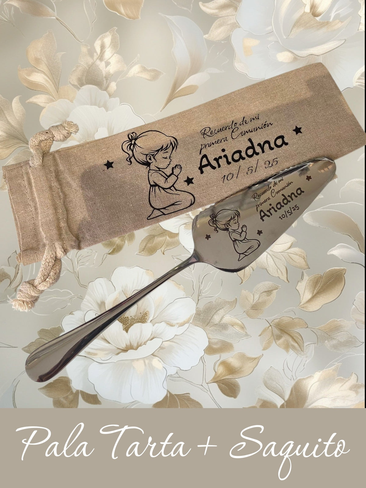 Pala de tarta personalizada grabada con saquito de yute para comunión