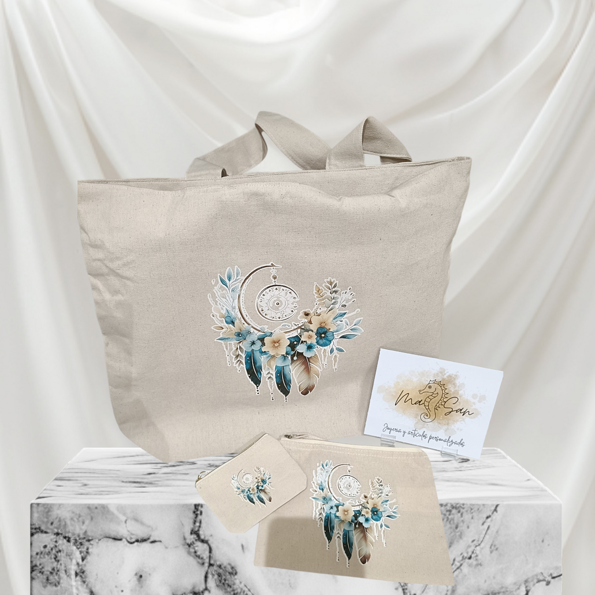Set bolsa tote y neceser boho con diseño atrapasueños floral en tonos azul y beige
