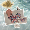 Set bolsa tote y neceser en tela natural con diseño de corazón tropical flores y conchas personalizado con nombre Tamara