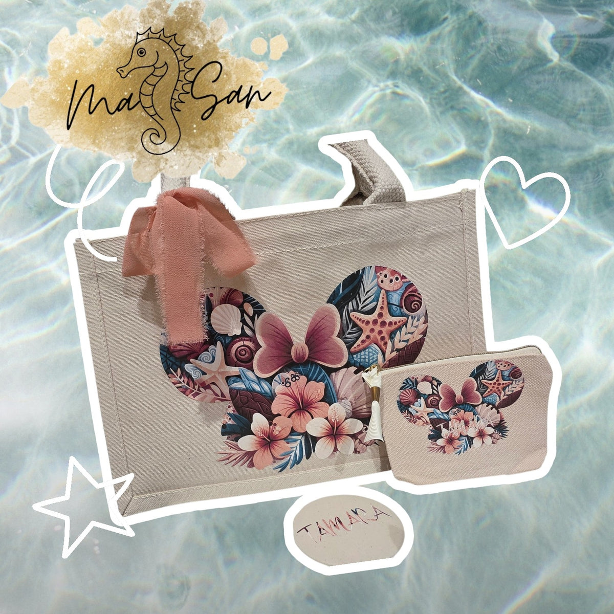 Set bolsa tote y neceser en tela natural con diseño de corazón tropical flores y conchas personalizado con nombre Tamara