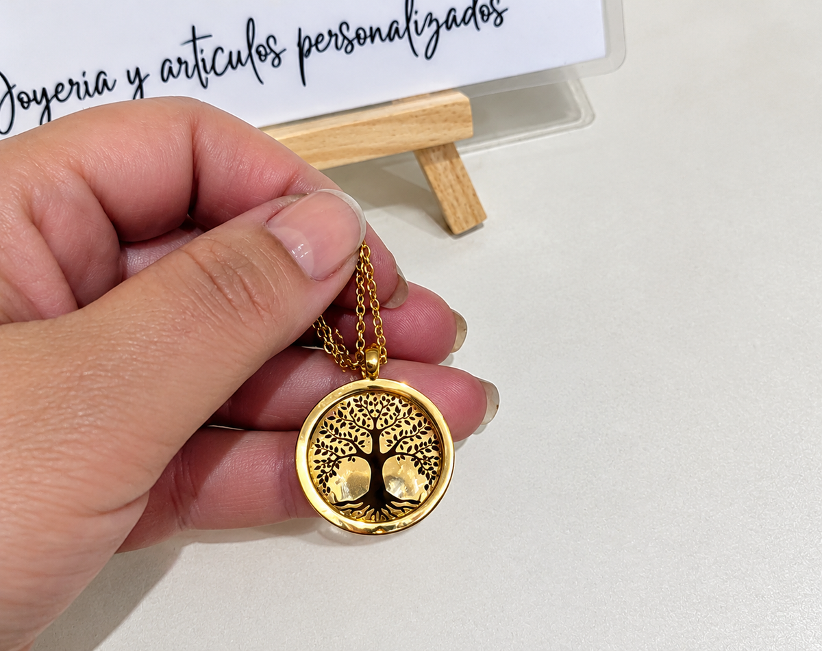 Colgante árbol de la vida dorado con cadena, en acero inoxidable bañado en oro